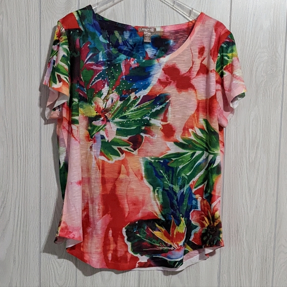 White Stag Tops - White Stag XL Top Tropical Floral COLORFUL Rhinestone Embellished